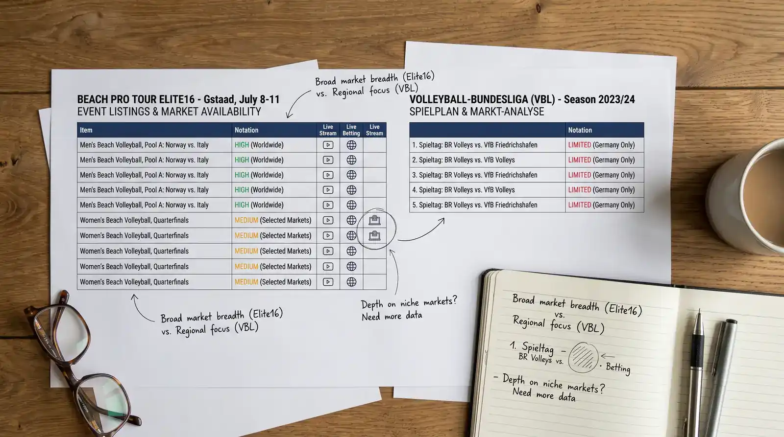 Markttiefe-Vergleich Beach Pro Tour vs. Volleyball-Bundesliga bei Wettmärkten und Quotenqualität