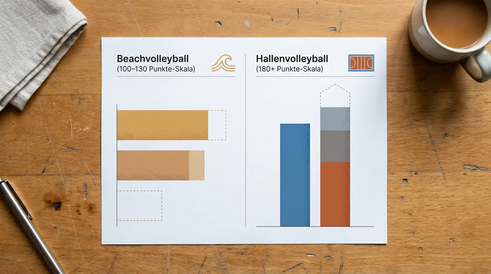 Over/Under-Linienvergleich Beachvolleyball 100–130 Punkte vs. Hallenvolleyball über 180 Punkte für Kombiwetten