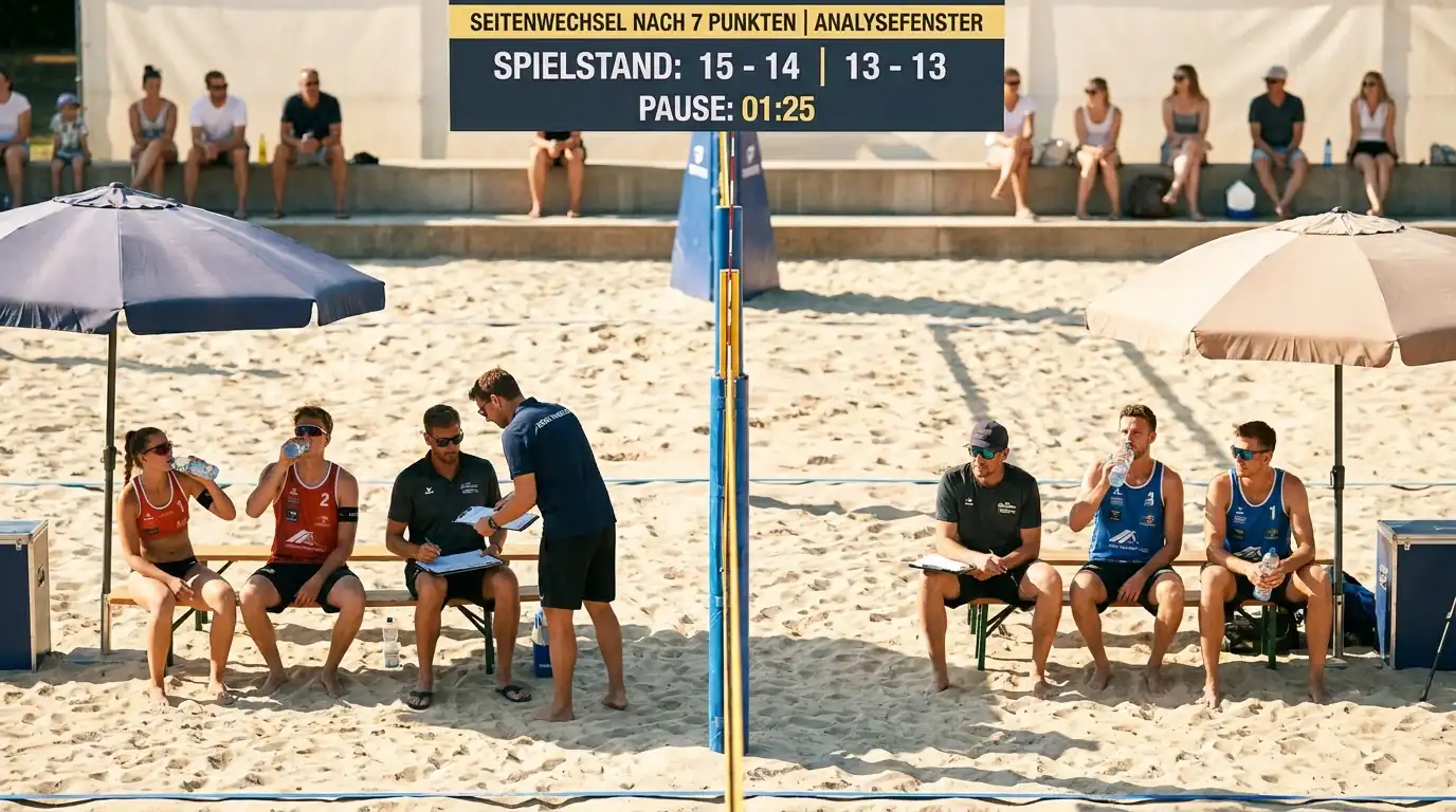 Beachvolleyball Seitenwechsel-Pause alle 7 Punkte als Analysefenster für Live-Wetten und Quoten-Bewertung
