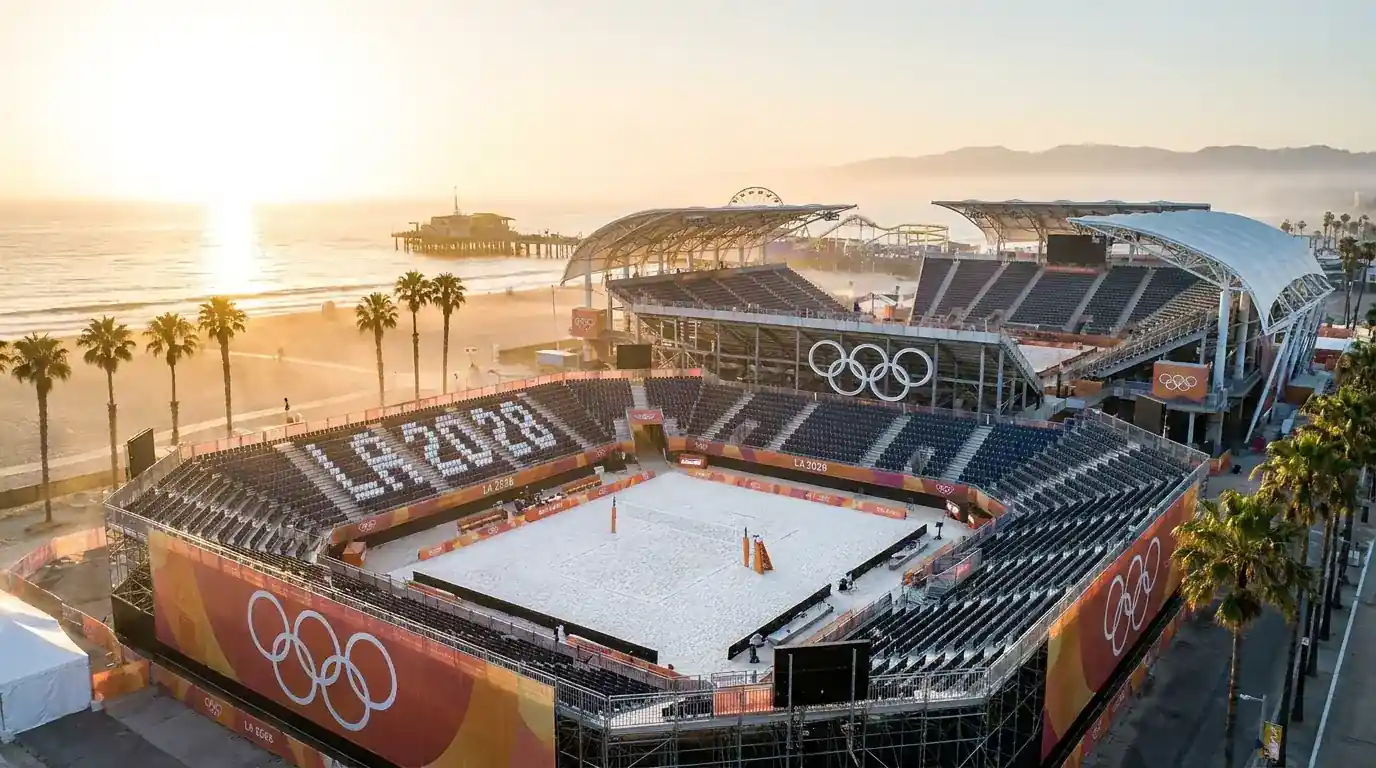Beachvolleyball Olympia Wetten 2028 Los Angeles – Olympische Ringe und Beachvolleyball-Arena im Kombiwetten-Kontext