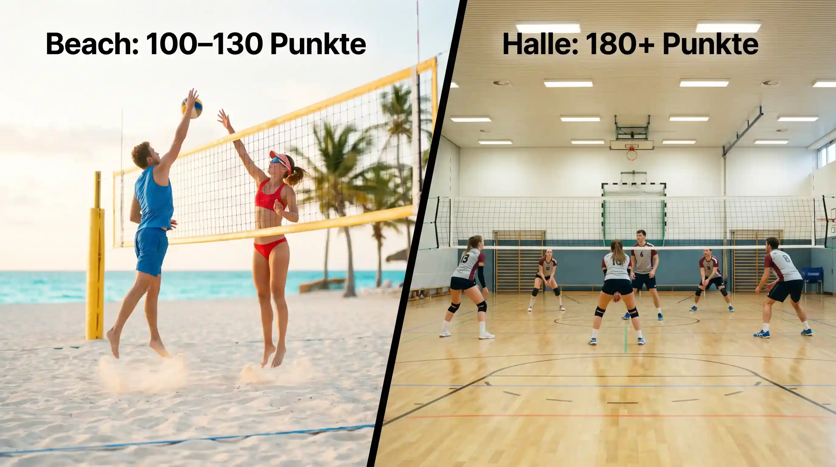 Vergleich Over/Under Linien Beachvolleyball vs. Hallenvolleyball: 100-130 Gesamtpunkte beach vs. 180 plus Punkte Halle