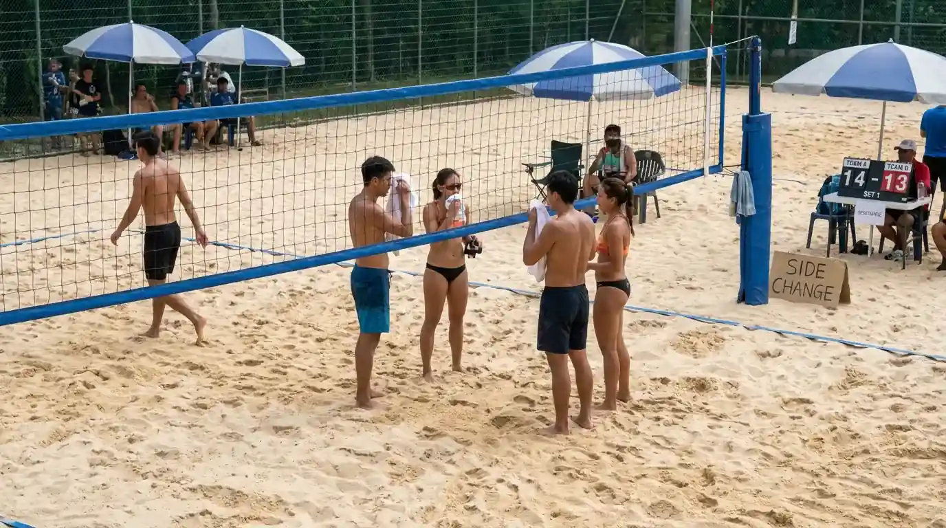 Seitenwechsel beim Beachvolleyball alle 7 Punkte als strategische Pause für Live-Wetter