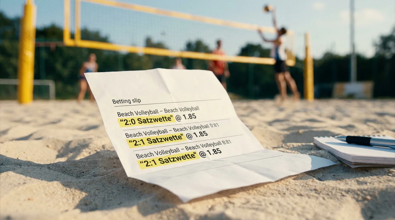 Beachvolleyball Satzwette Kombiwette: Wettschein mit 2:0 und 2:1 Satzwetten-Selektionen auf Sand-Matches