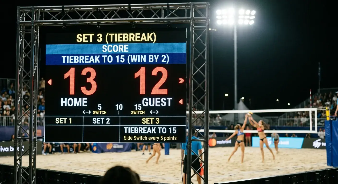 Satz-3-Tie-Break Beachvolleyball mit Seitenwechsel alle 5 Punkte als Live-Wett-Hochdruckphase