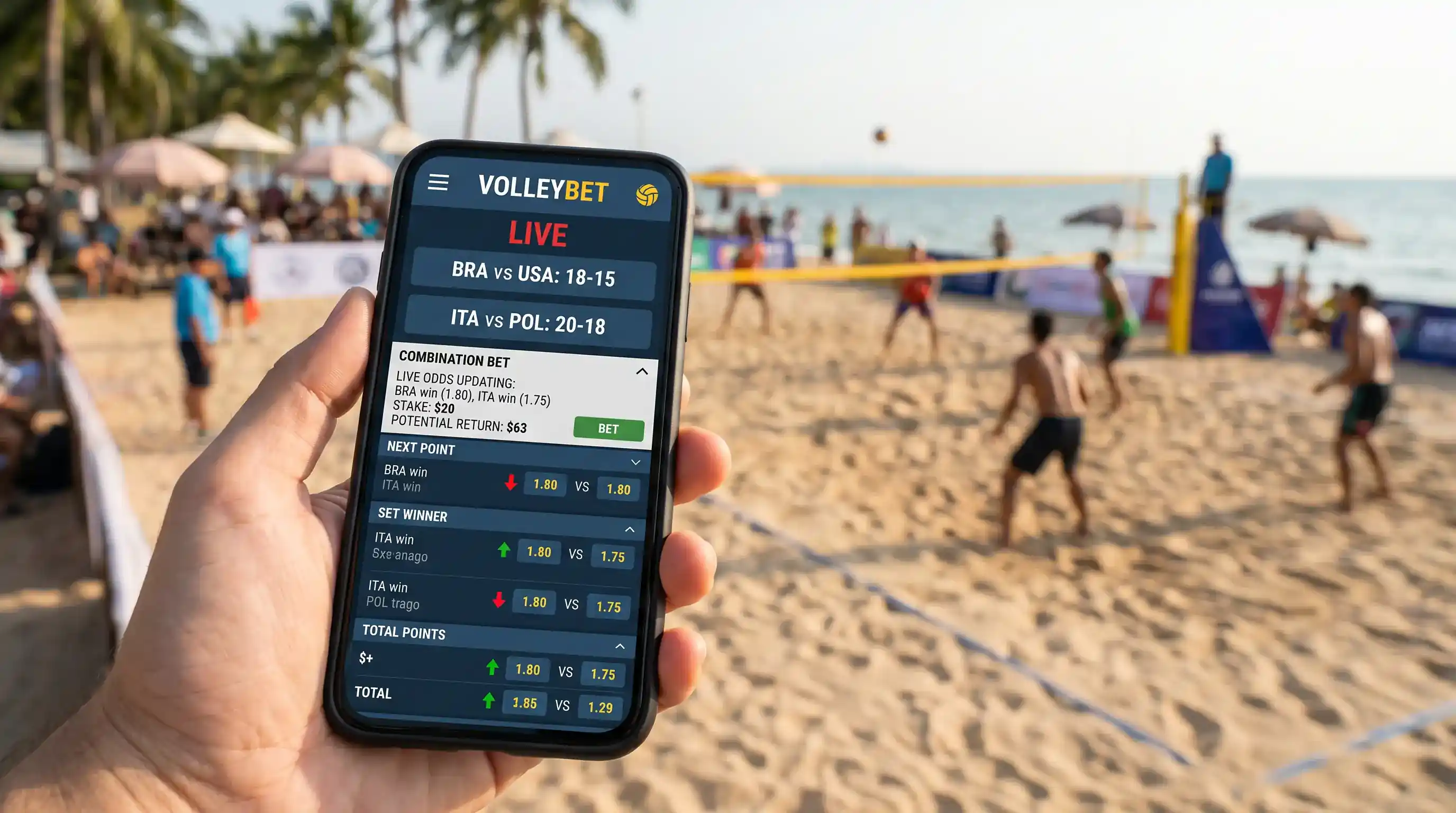 Beachvolleyball Wetten Mobile App Live-Kombiwetten auf Smartphone mit Beachvolleyball-Turnier im Hintergrund