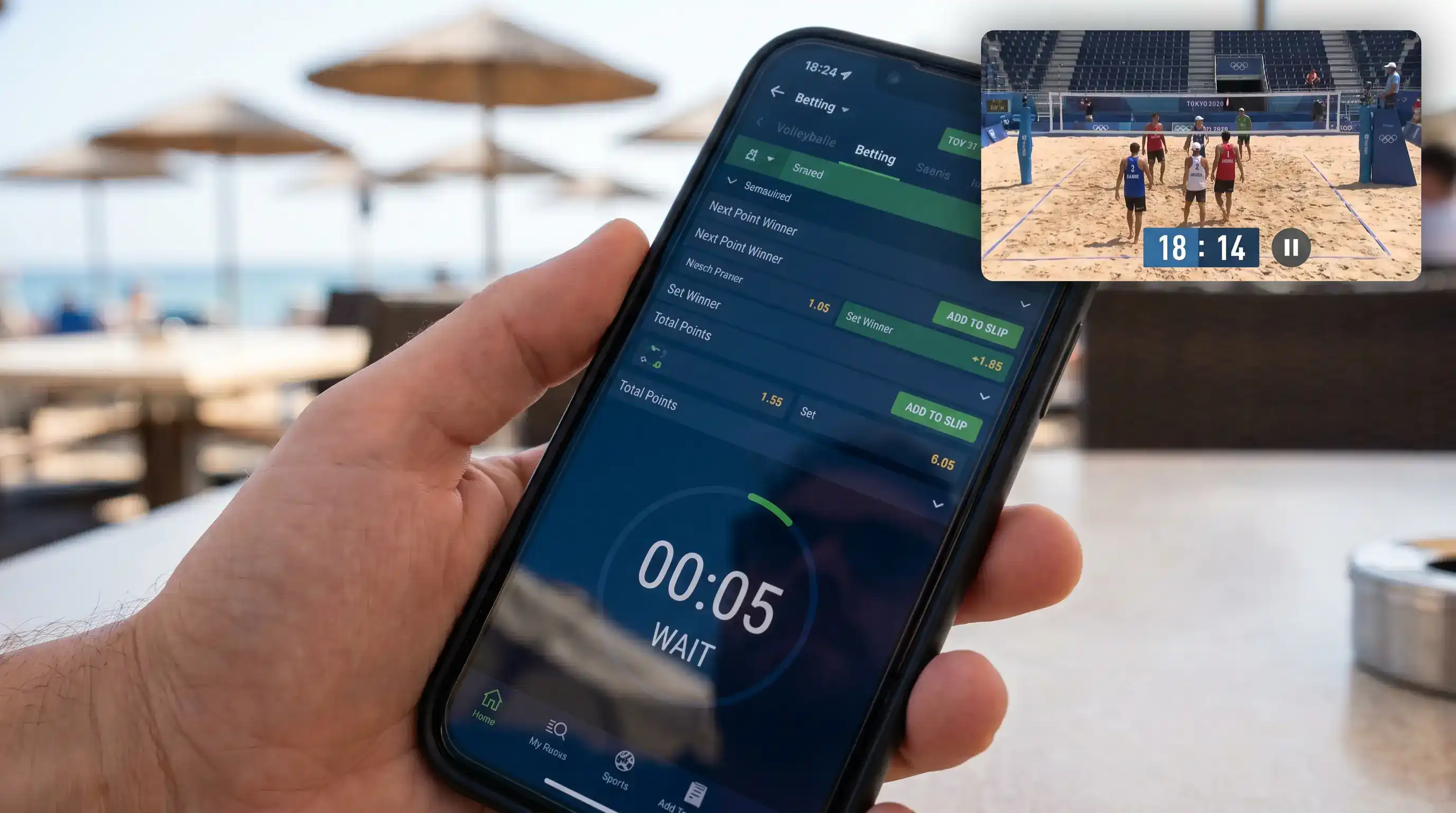 Live-Kombiwetten Aufbau auf einer Beachvolleyball-Wetten-App mit In-Play-Marktanzeige beim Seitenwechsel