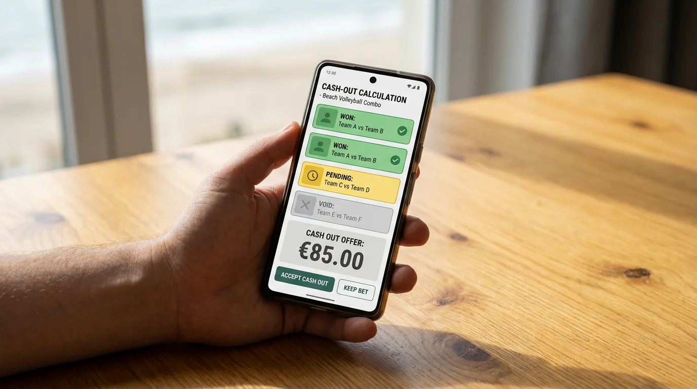 Erklärung der Cash-Out-Funktion bei einer Beachvolleyball-Kombiwette auf einem Smartphone-Bildschirm