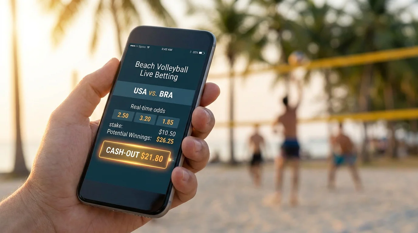 Beachvolleyball Kombiwetten Cash-Out Entscheidung auf dem Wettschein mit Seitenwechsel im Hintergrund