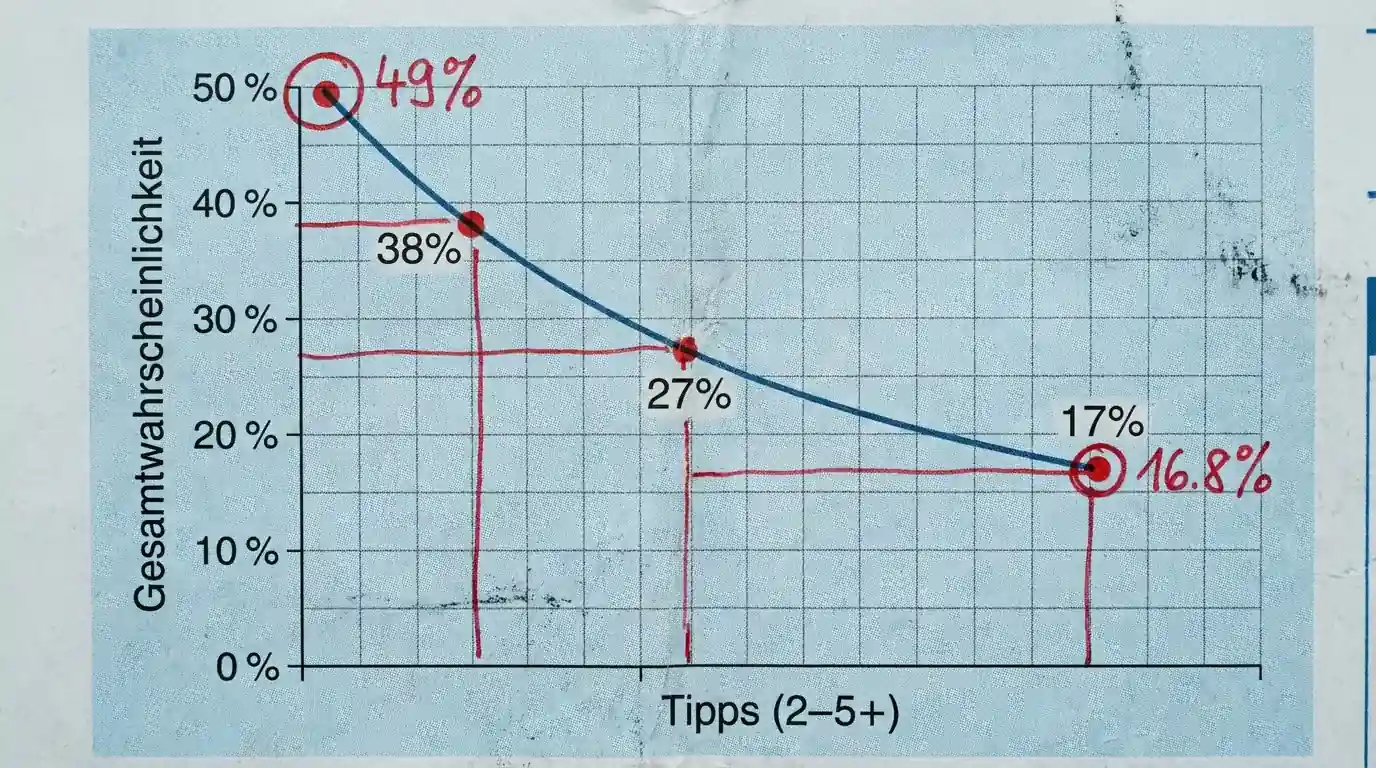 Grafik zur exponentiellen Abnahme der Gesamtwahrscheinlichkeit bei steigender Tipp-Anzahl in Beachvolleyball-Kombiwetten