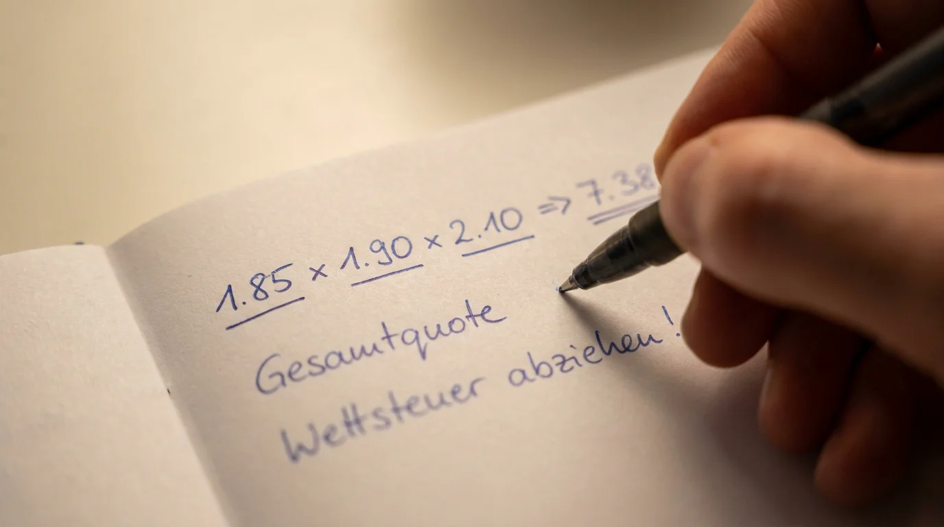 Quotenmultiplikation bei einer Beachvolleyball Kombiwette — drei Selektionen mit Gesamtquote und Wettsteuer-Abzug