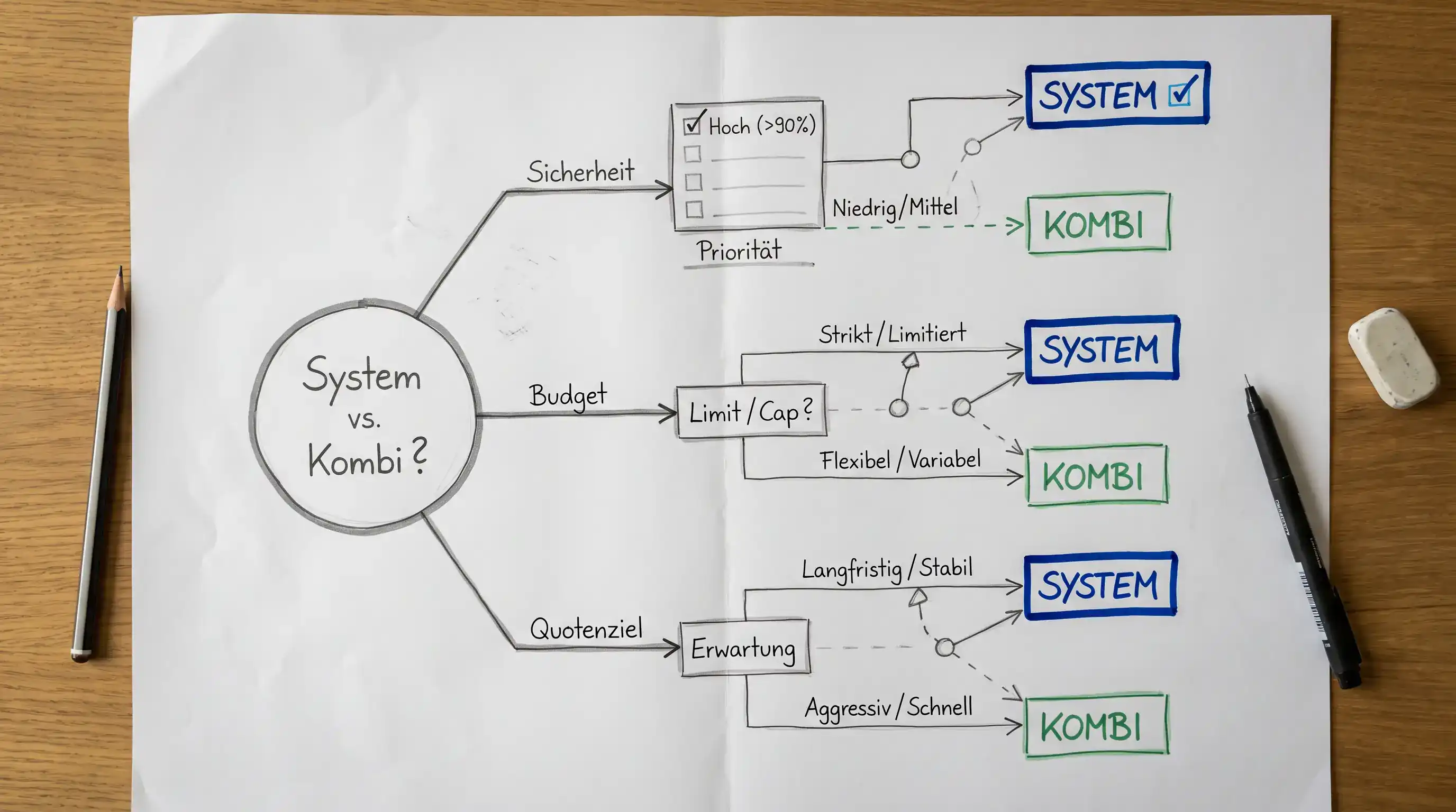 Entscheidungsmatrix Systemwette vs. Kombiwette beim Beachvolleyball: Faktoren Sicherheit, Budget und Quotenziel