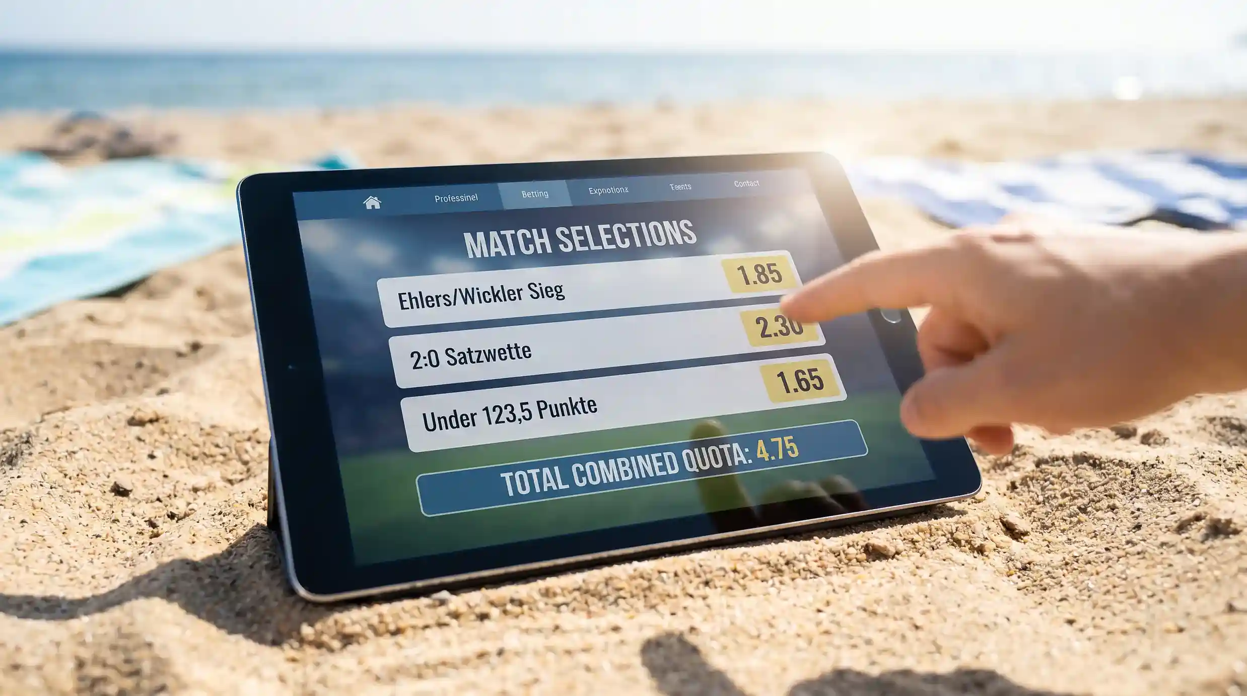Beachvolleyball-Kombiwette mit Siegwette, Satzwette und Over/Under-Selektion auf einem digitalen Wettschein